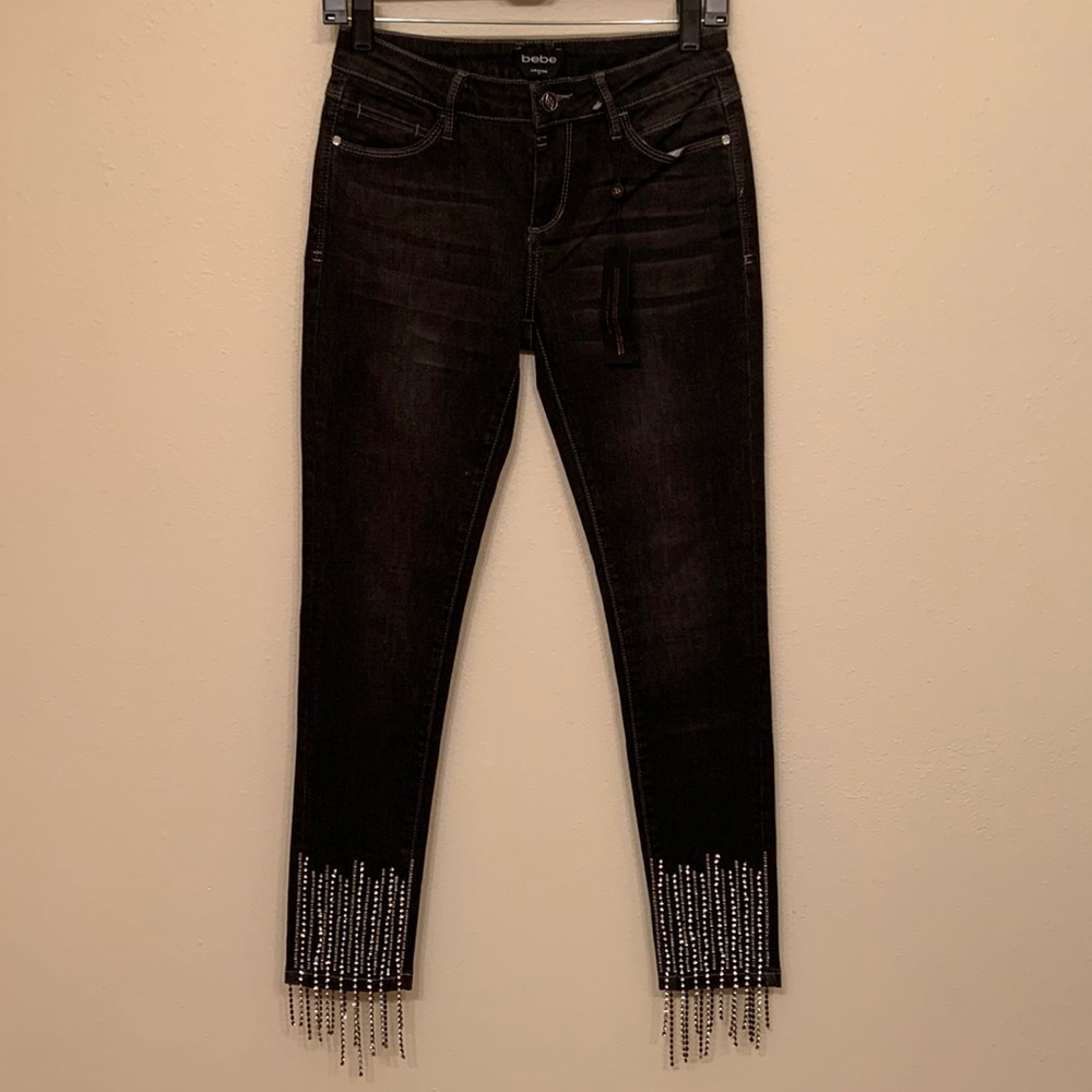 DONATED NWT Bebe embellished rhinestone jeans, slight distress. 5⭐️Seller Posh A